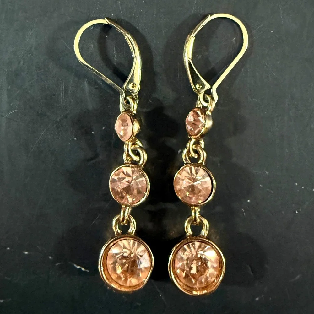 Napier Round Pink Crystal 1.25in Drop Earrings Gold Tone